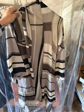 Open-Front Striped Cardigan Sweater in Taupe and Cream